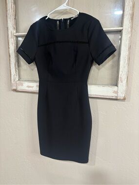 Main Strip Black Midi Sheath Dress with Ladder Trim
